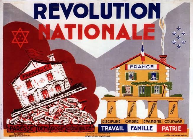 Vichy France propaganda poster from the Morocco Protectorate period — visual evidence of the ideological machinery that the Vichy administration was importing into Morocco alongside its racial legislation. This is the cultural and political environment in which Mohammed V's refusal to apply racial categories to his Jewish subjects took place.